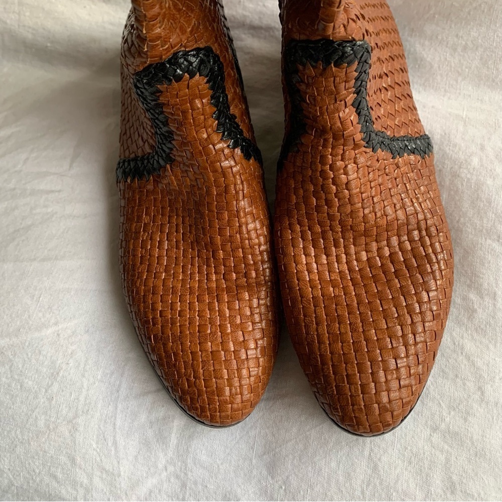 Vintage Prada Woven Leather Riding Knee High Pointy Toe Boots Brown Tan Black - Picture 5 of 10